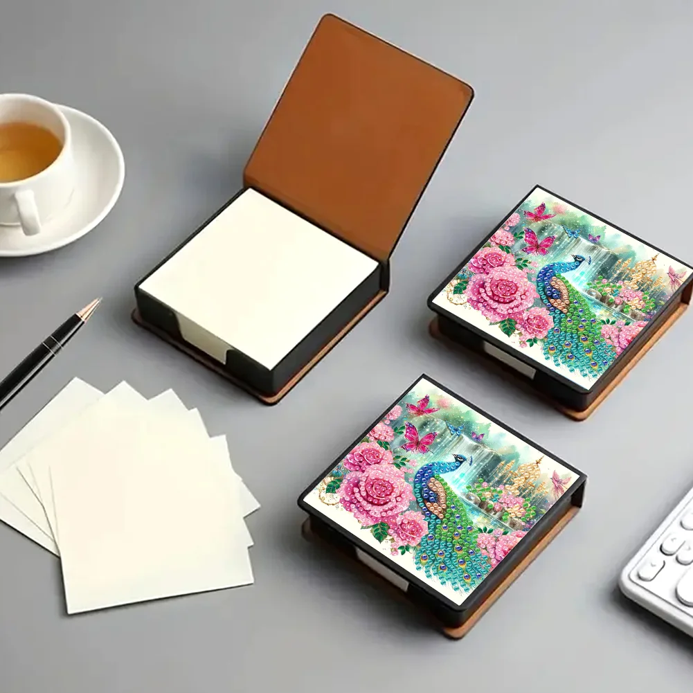 DIY Flower Peacock Leather Diamond Art Note Box with 160 Sheets of Paper for Beginners