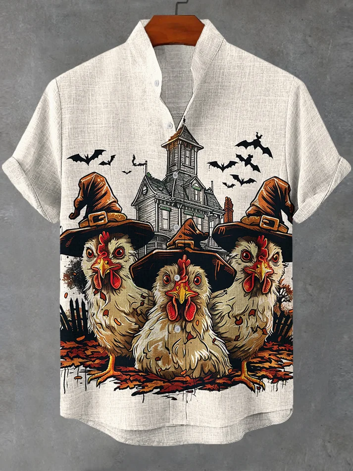 Men's Horror Castle Witch Hat Chicken Halloween Print Casual Shirt