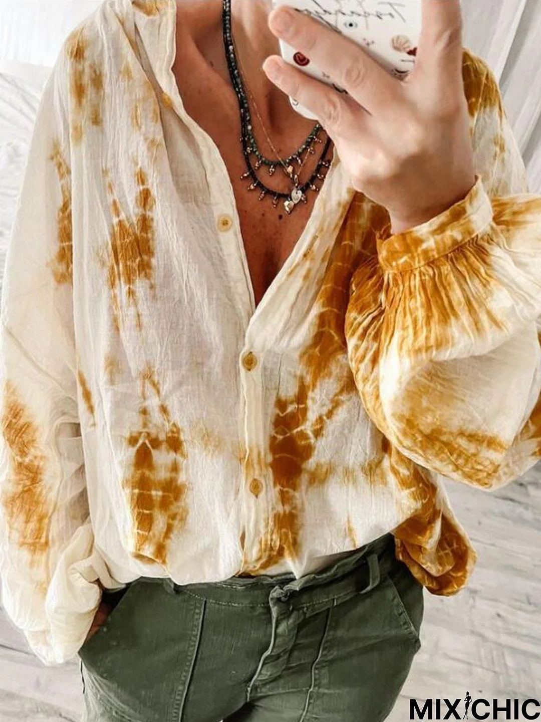 Buttoned Ombre Stand Collar Casual Blouse