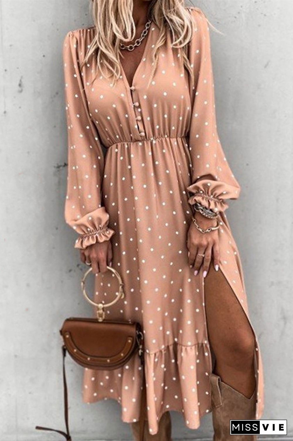 Casual Elegant Polka Dot Buckle Slit V Neck A Line Dresses