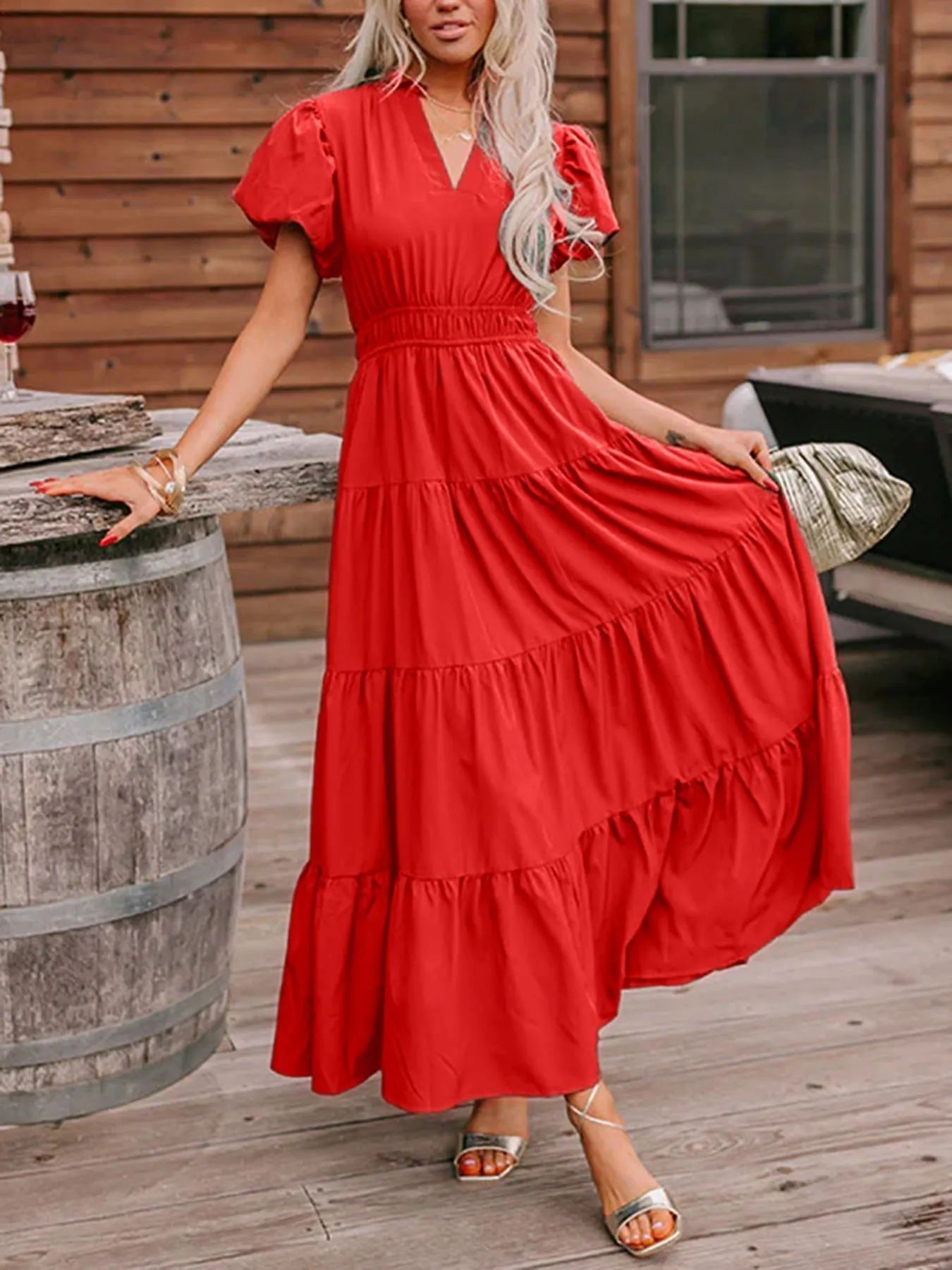 Puff Sleeve Tiered Maxi Dress mysite idetrend