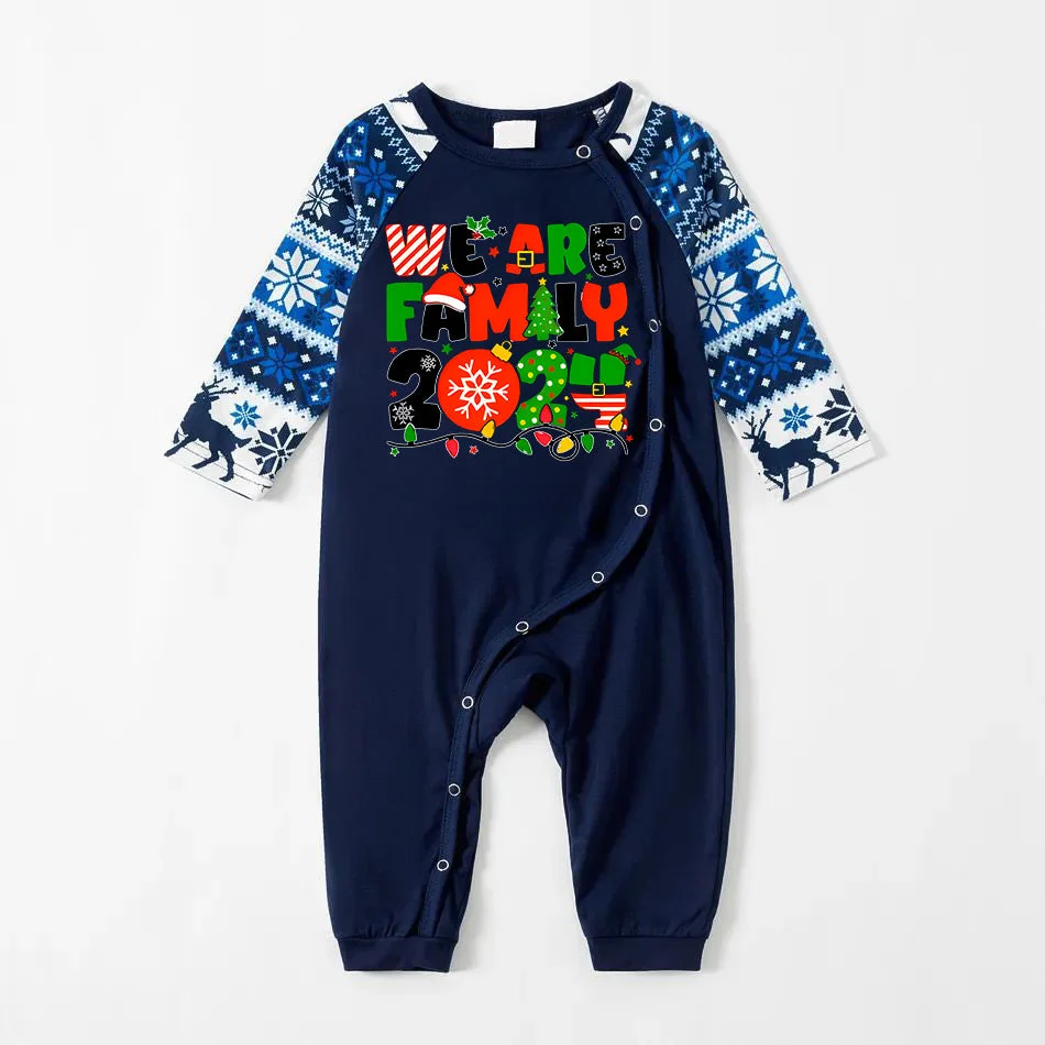 Christmas“We are Family 2024 ” Colorful Multi-Element Letter Prints Blue Long Sleeve Family Matching Pajamas With Dog bandana