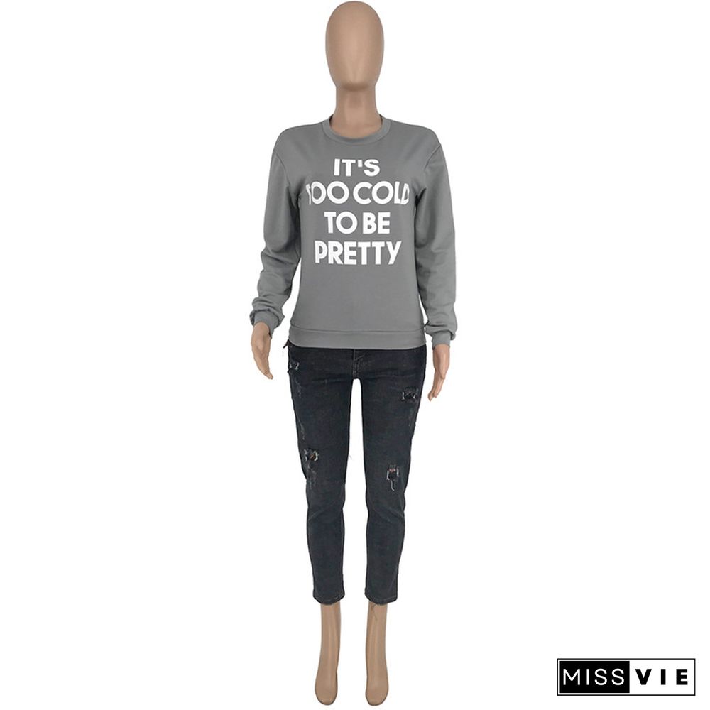 Leisure Women Full Sleeves Round Collar Letter Printed Tops