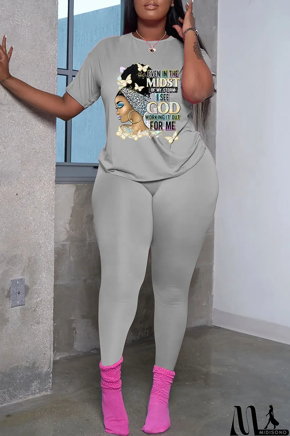 MidiSono - Black Fashion Casual Print Patchwork Basic O Neck Short Sleeve Two Pieces