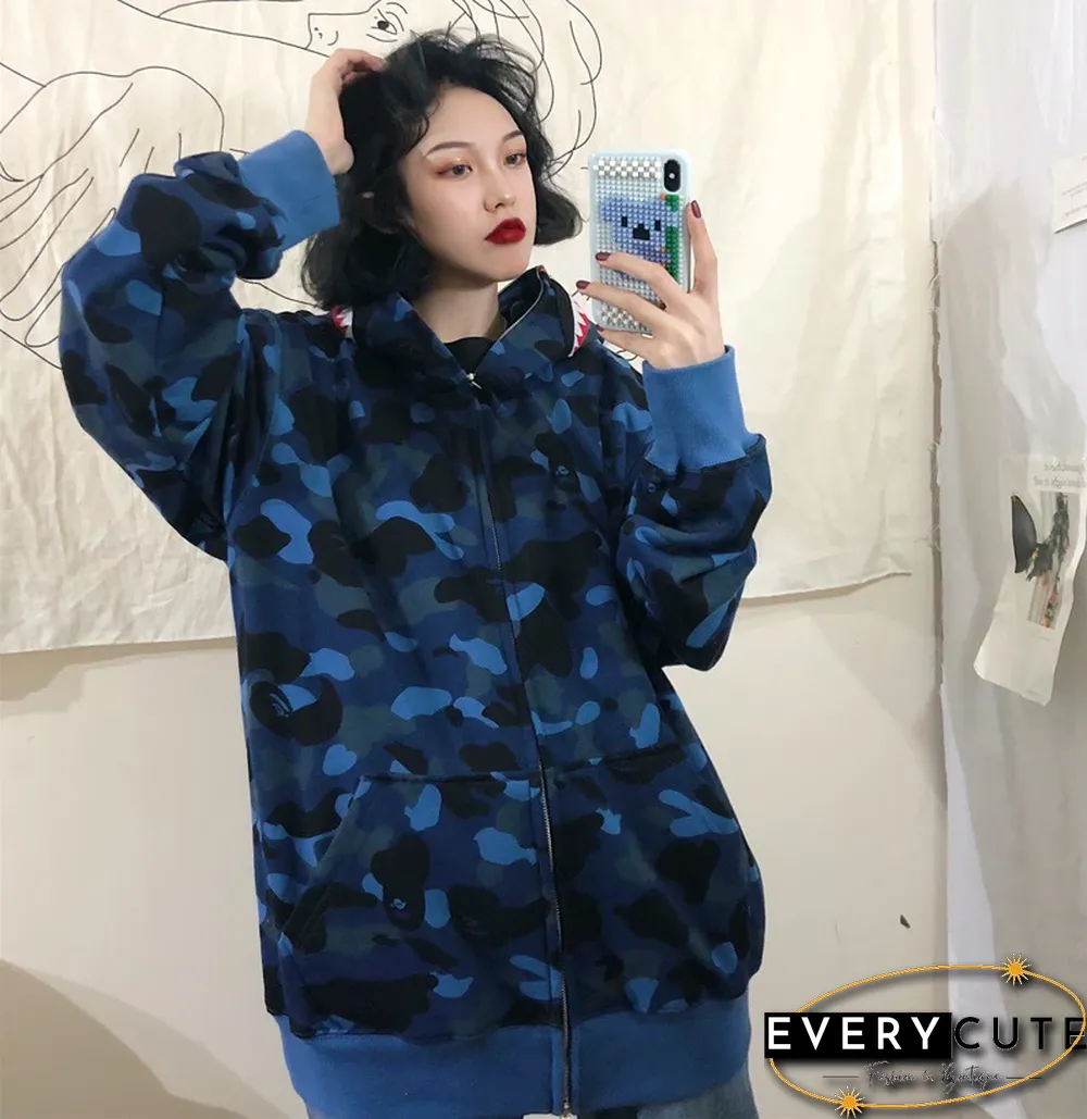 Autumn & Winter New Fashion Brand Camouflage Shark Head Couple Loose Hooded Coat Sweater
