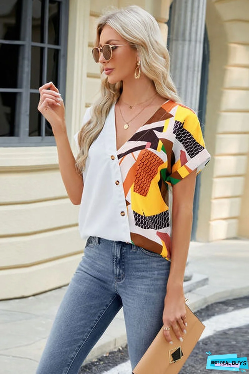 Printed Surplice Short Sleeve Blouse