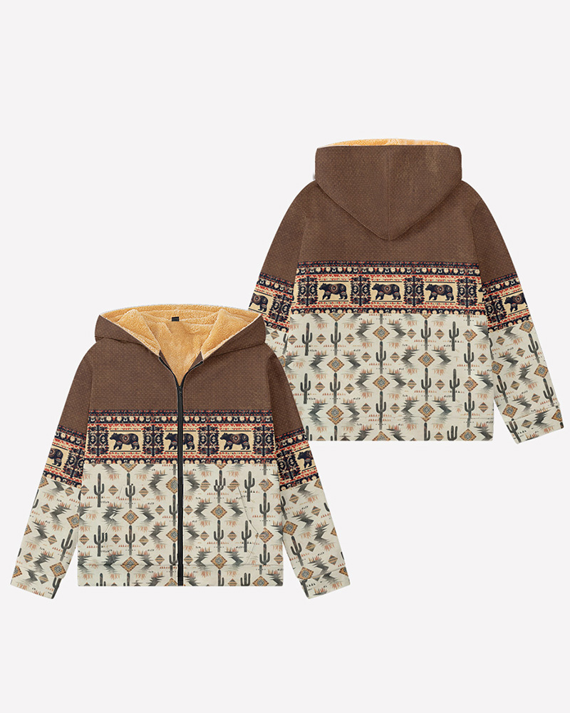 Men's Plus Size Western-style Retro Geometric Print Fleece Zipper Cardigan Hoodie