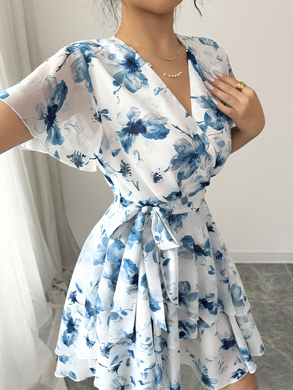 Floral Print V Neck Short Sleeve Mini Dress