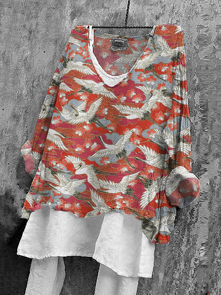 Comstylish Japanese Art Sakura Crane Print V-Neck Linen Blend Casual Blouse