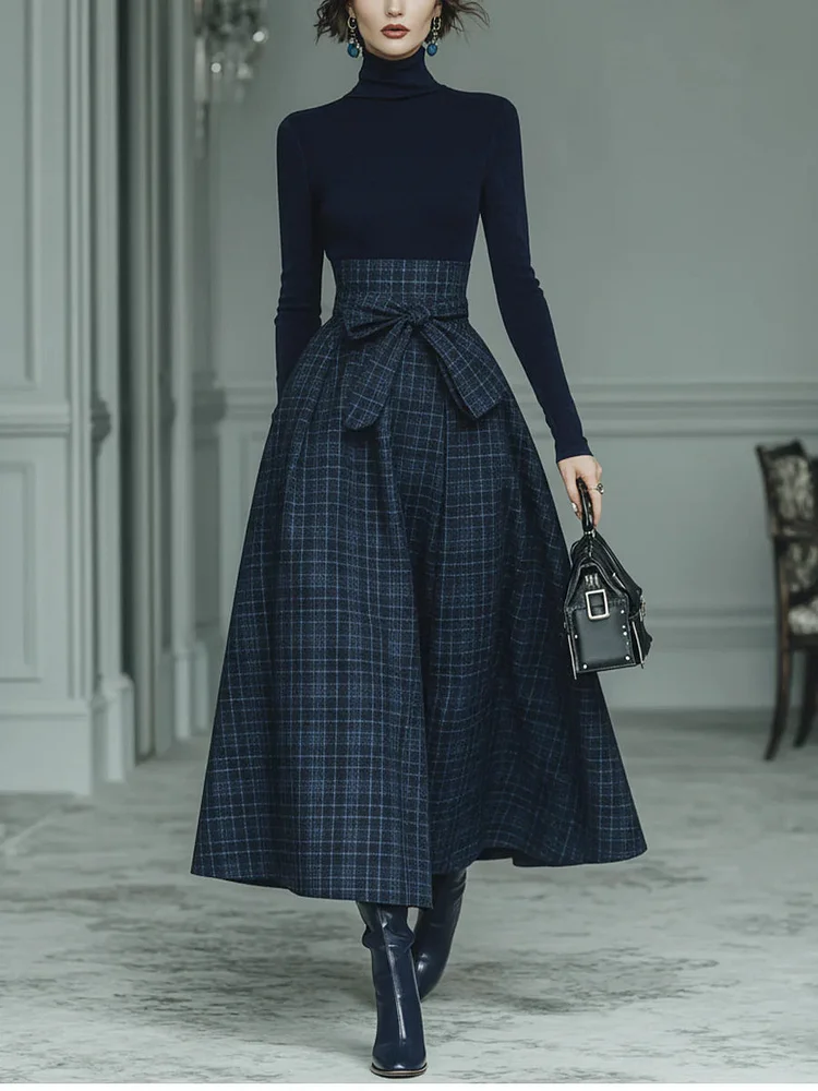 Dark blue turtleneck stretch top and plaid skirt set