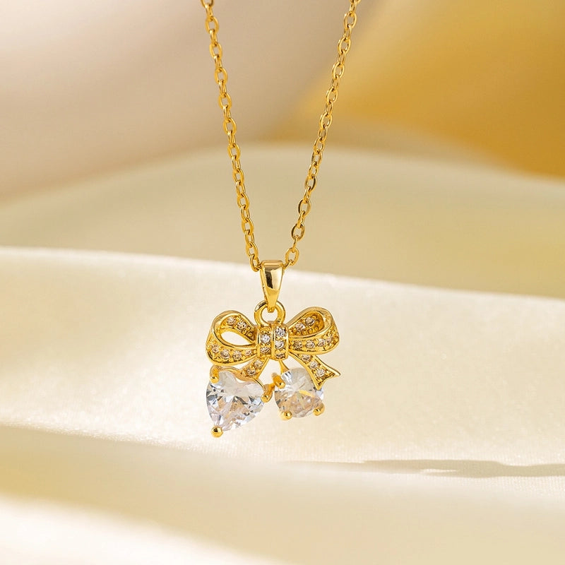 Sweet Minimalist Star Heart Shape Bow Knot Titanium Steel Zircon Plating Inlay Pendant Necklace