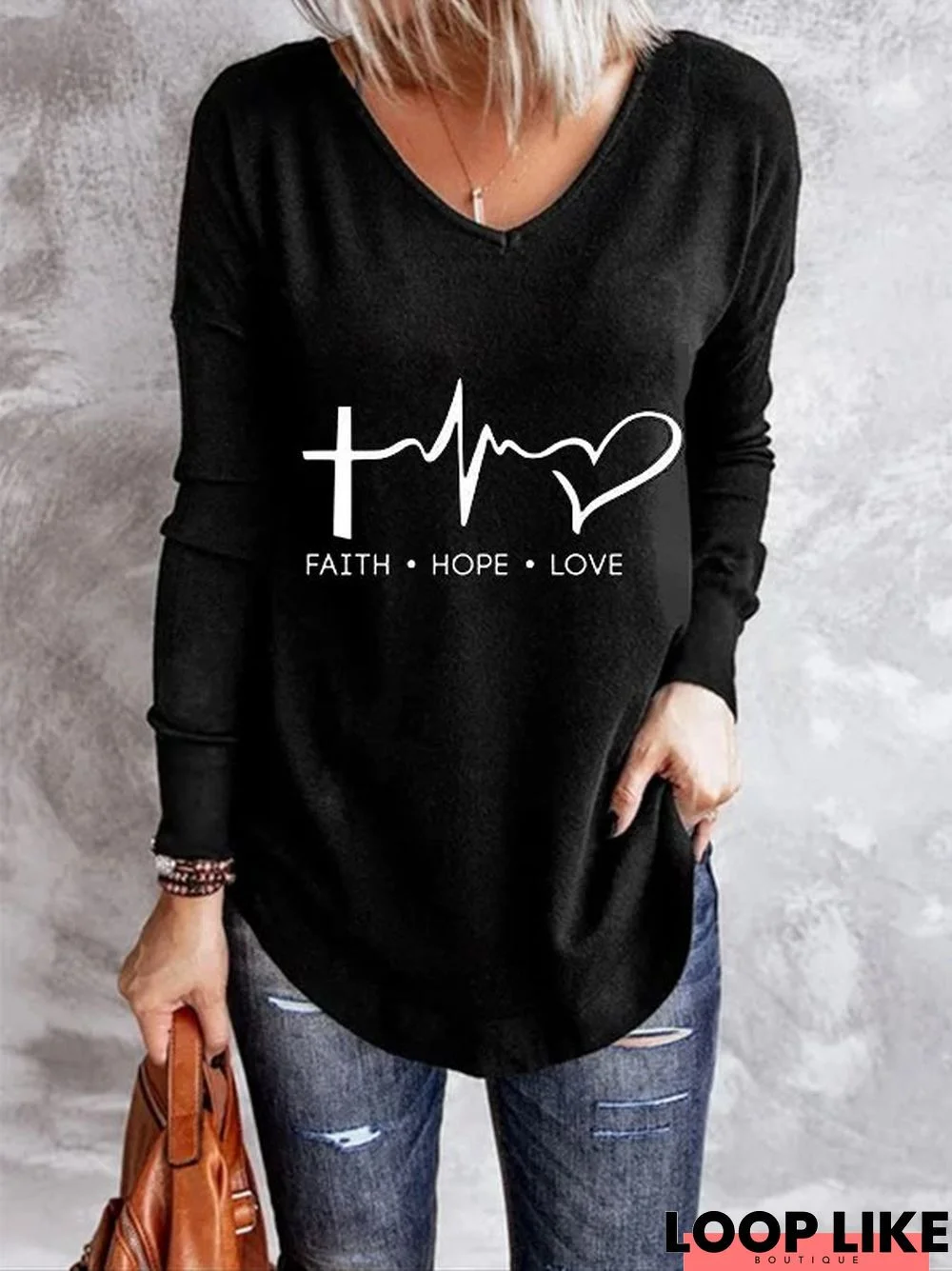 Long Sleeve Letter V Neck Casual Tunic T-Shirt