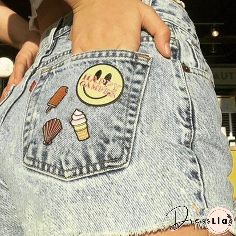 Smiley Print Loose Washed Frayed Denim Shorts