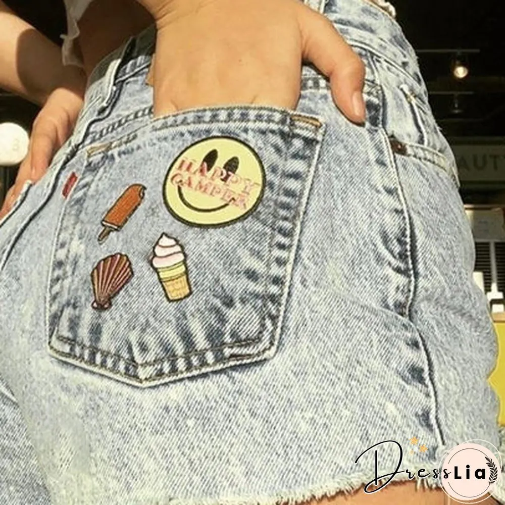 Smiley Print Loose Washed Frayed Denim Shorts