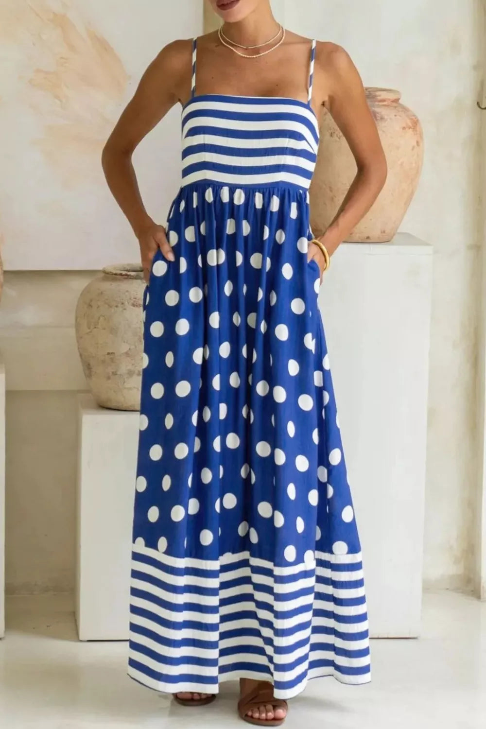 Striped Polka Dot Patchwork High Waist Spaghetti Straps Maxi Dress mysite idetrend