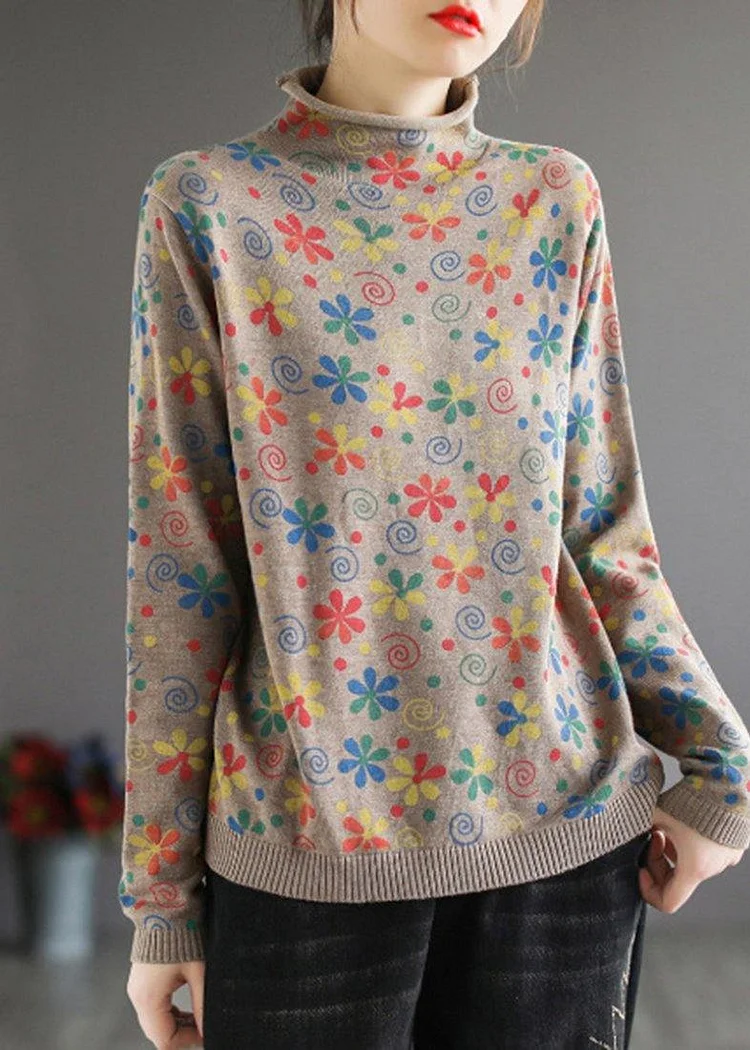 Women Khaki Print Sweater Tops High Neck Plus Size  Knitwear