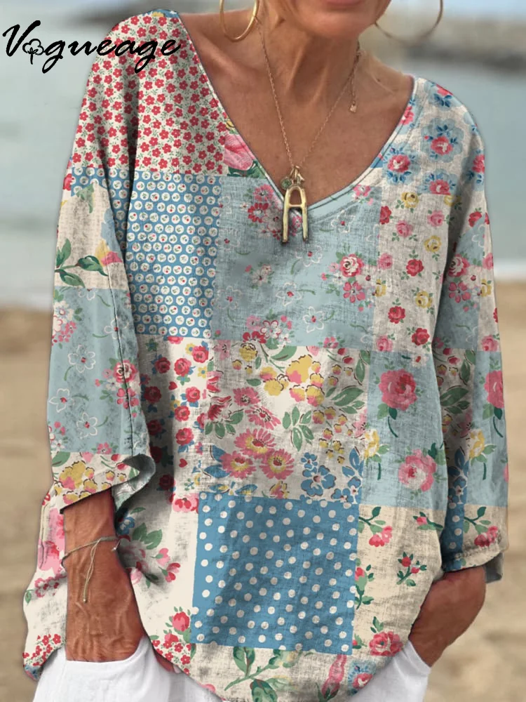 Gentle And Cute Flower Stitching 3/4 Sleeves Printed Cotton And Linen Shirt