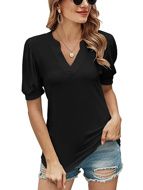 Simple Solid Color V-Neck Puff Sleeves T-Shirt Top