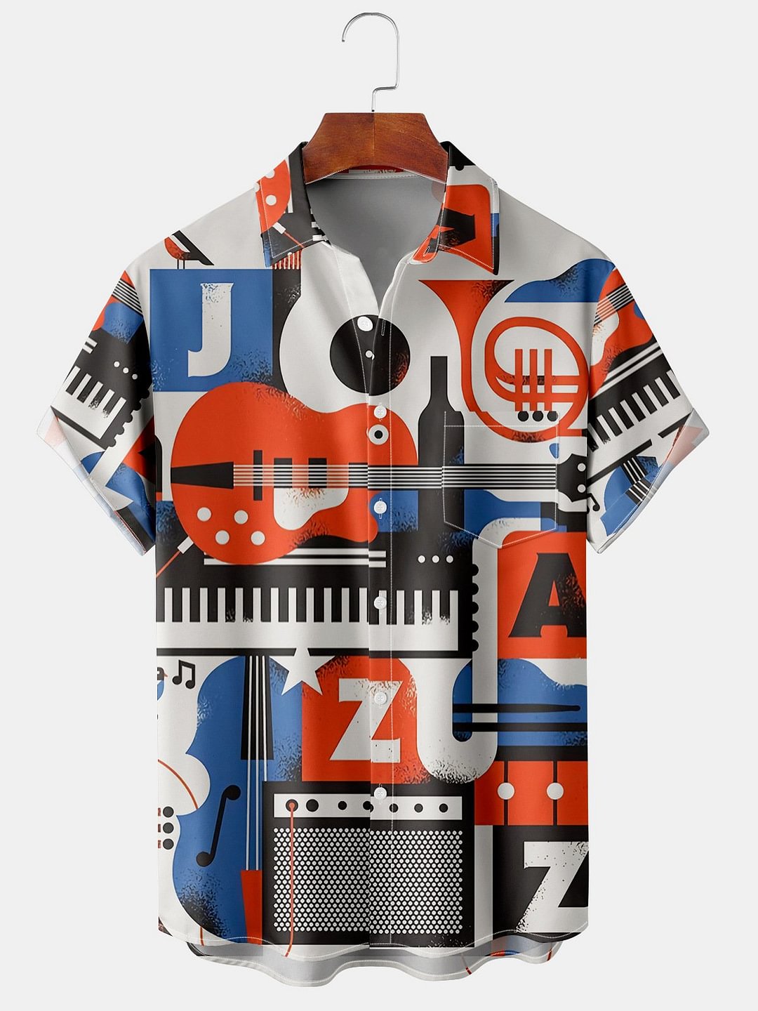 Casual Music Collection Geometric Stripes Guitar Pattern Lapel Short Sleeve Shirt Print Top