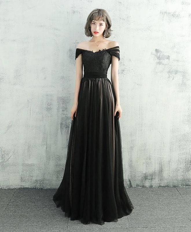 Black Lace Tulle Long Prom Dress, Black Evening Dress
