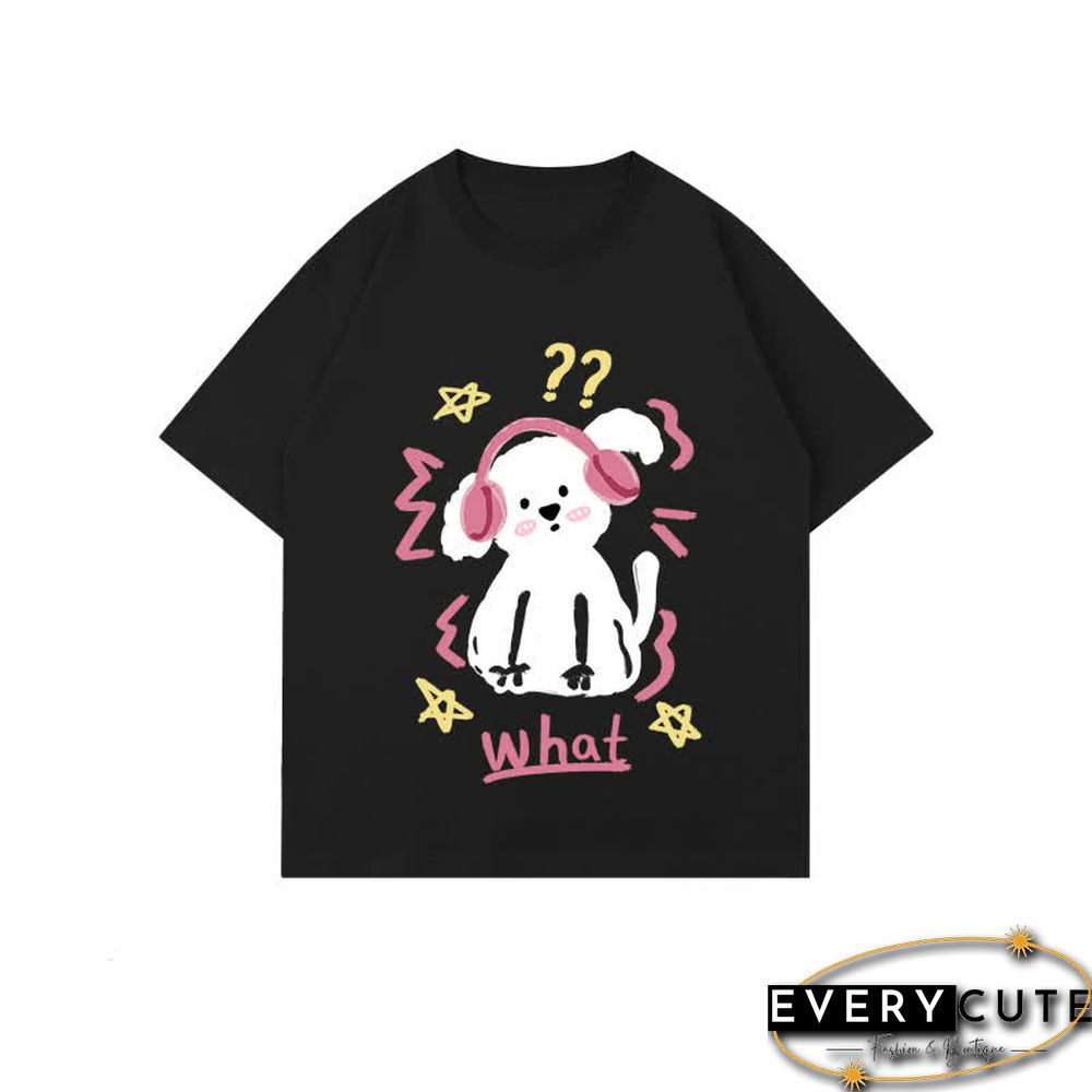 Kawaii Letter Puppy Print Round Collar Oversized T-Shirt