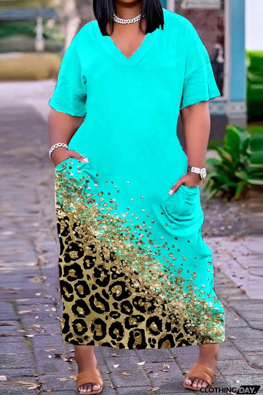 Blue Casual Print Basic V Neck Short Sleeve Dress Dresses