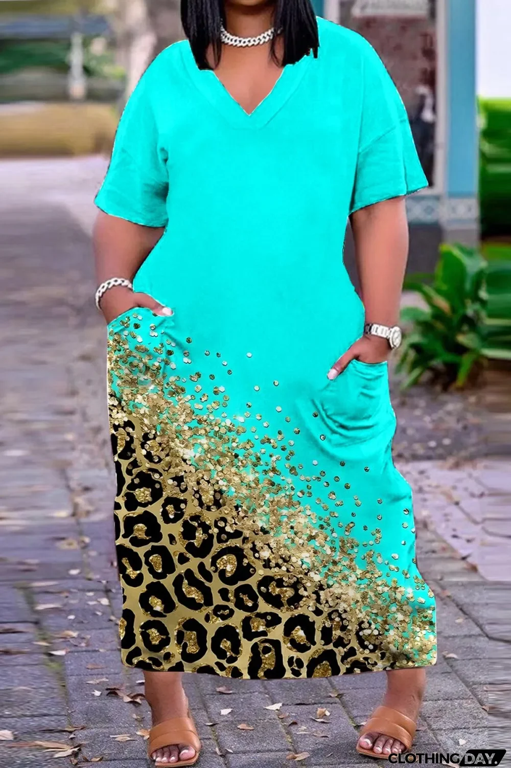 Blue Casual Print Basic V Neck Short Sleeve Dress Dresses