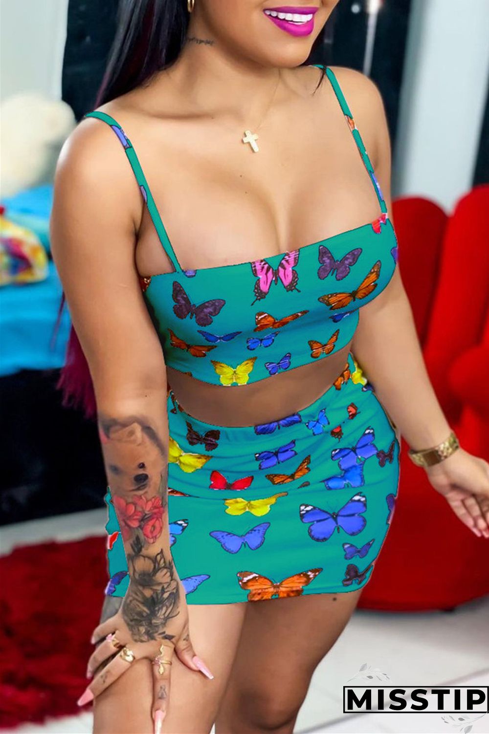Green Fashion Sexy Butterfly Print Backless Square Collar Sleeveless Two Pieces