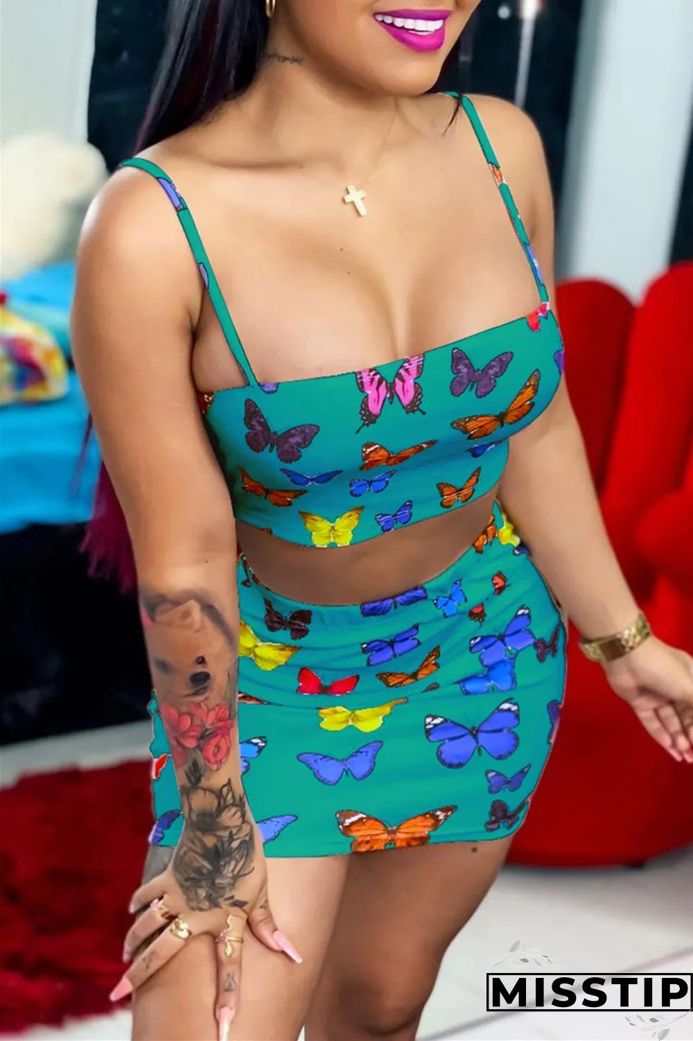 Green Fashion Sexy Butterfly Print Backless Square Collar Sleeveless Two Pieces