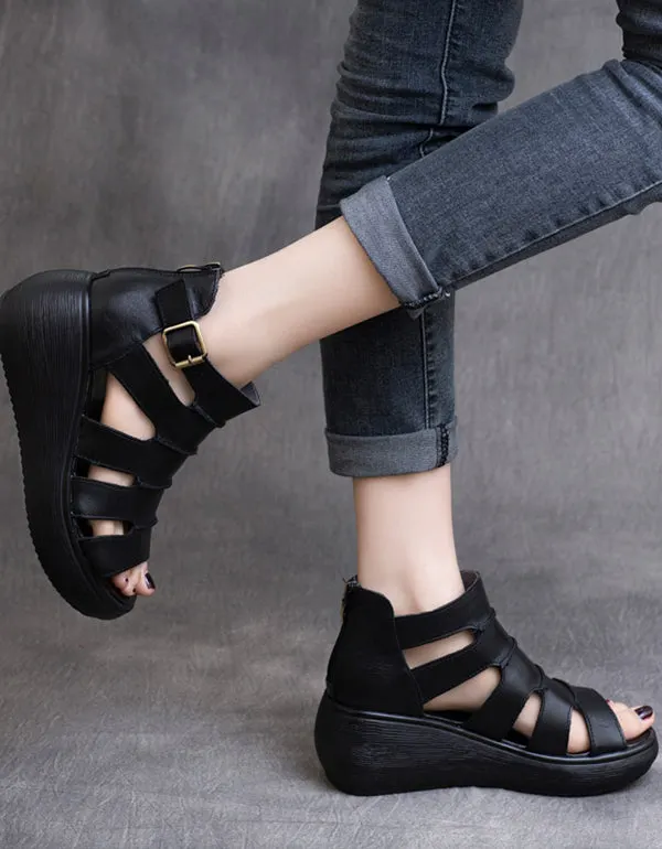 Women's Retro Leather Peep Toe Ankle Strap Sandals