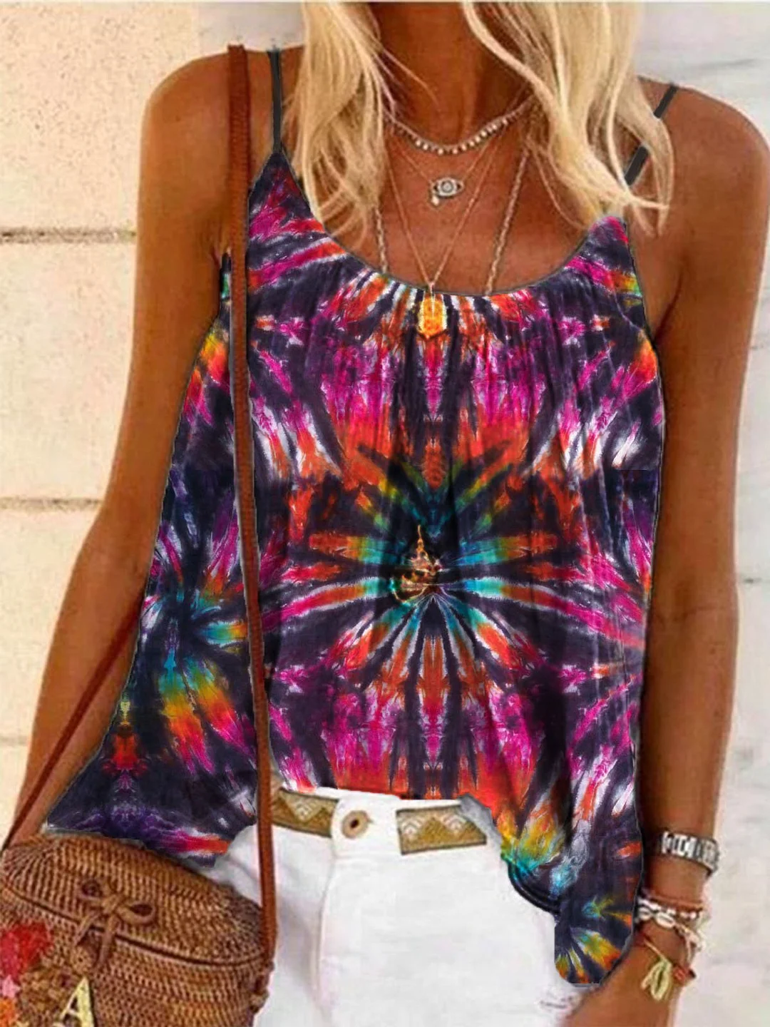Multicolor Ombre/tie-Dye Floral-Print Spaghetti Sleeveless Shirts & Tops