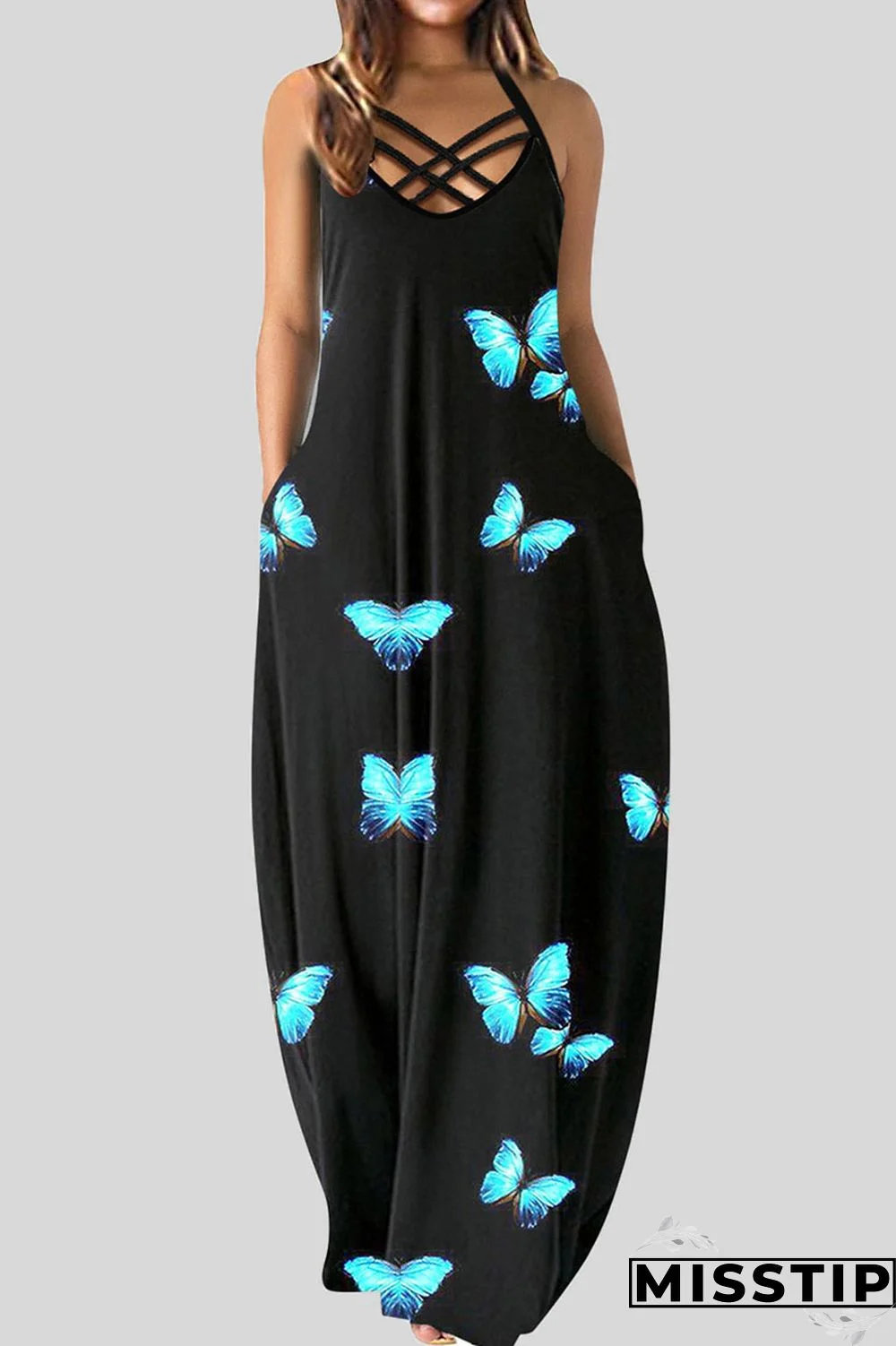 Black Sexy Print Patchwork Spaghetti Strap Printed Dress Dresses
