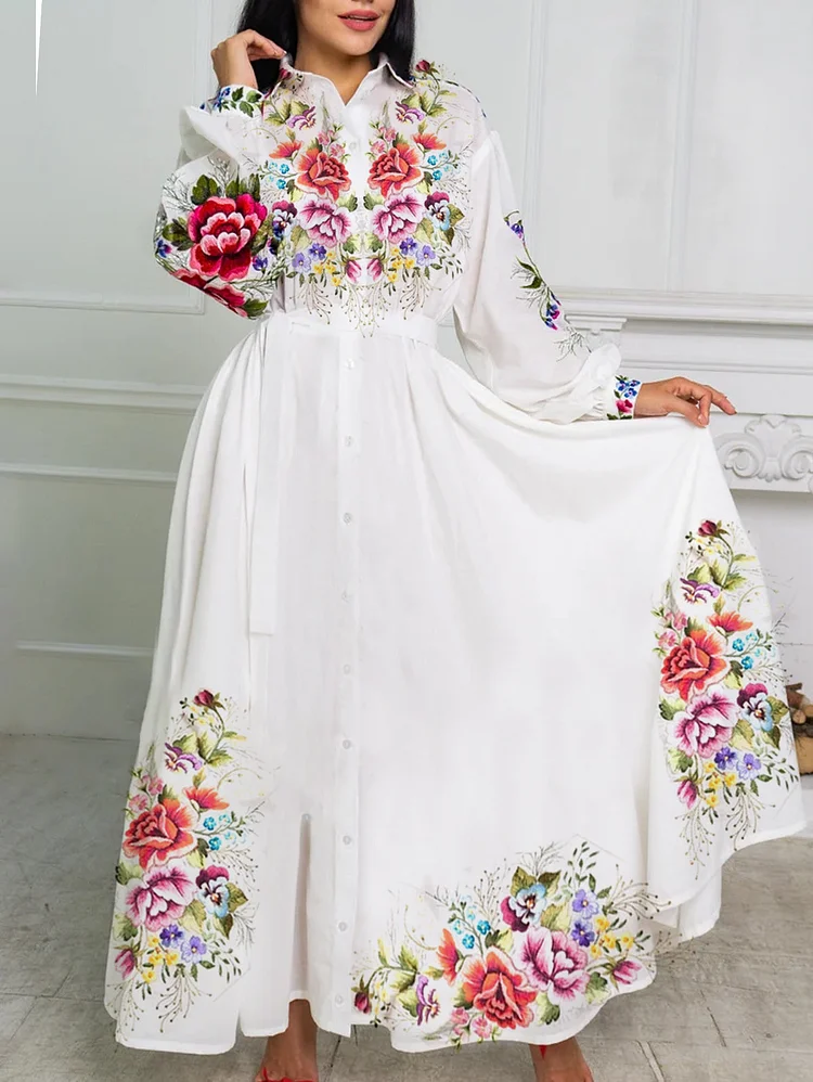 UR Floral Print Button Front Peasant Sleeve Shirt Dress