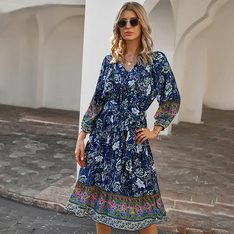 Woman Bohemian Holiday Style Printed V-neck Midi Dress