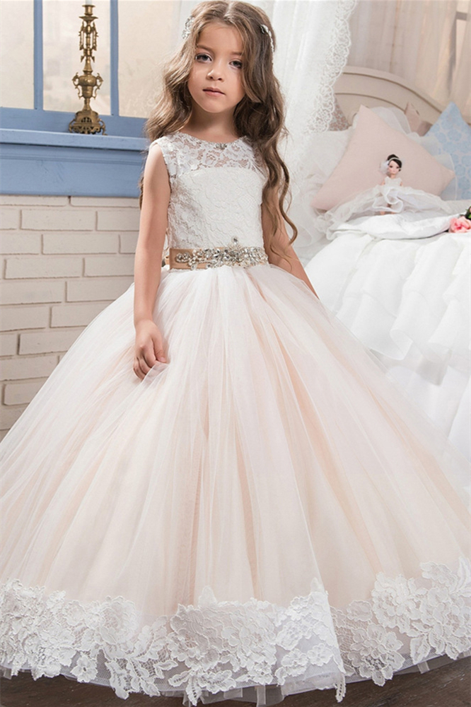 Luluslly Champagne Sleeveless Tulle Flower Girl Dress With Lace 