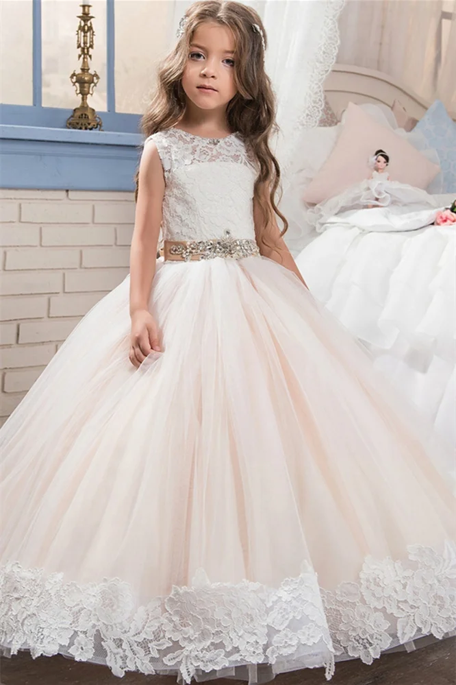 Bellasprom Champagne Sleeveless Tulle Flower Girl Dress With Lace