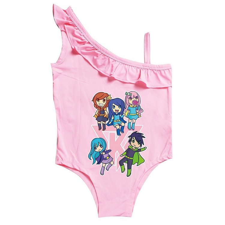 Mayoulove Itsfunneh Print Little Girls Ruffle One Piece Shoulder Swimsuit-Mayoulove