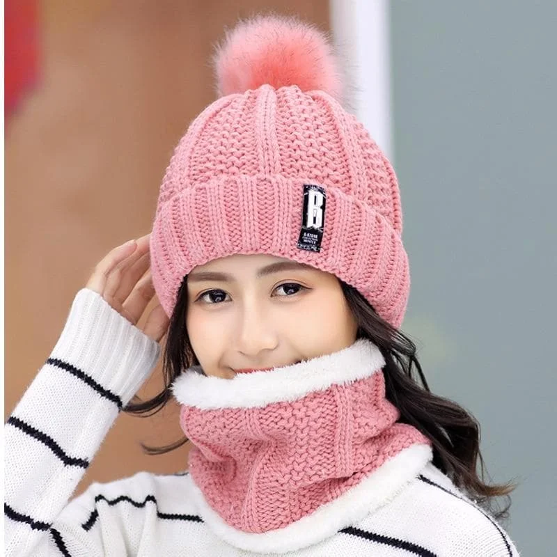 2 in 1 set Pinky Colorful Winter Knitted Scarf + Beanies Hats SS074