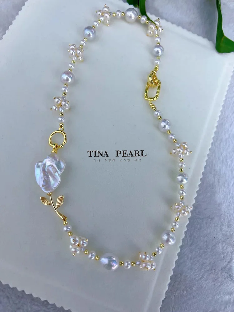 TINA Jewelry Floral, freshwater white pearl rose necklace