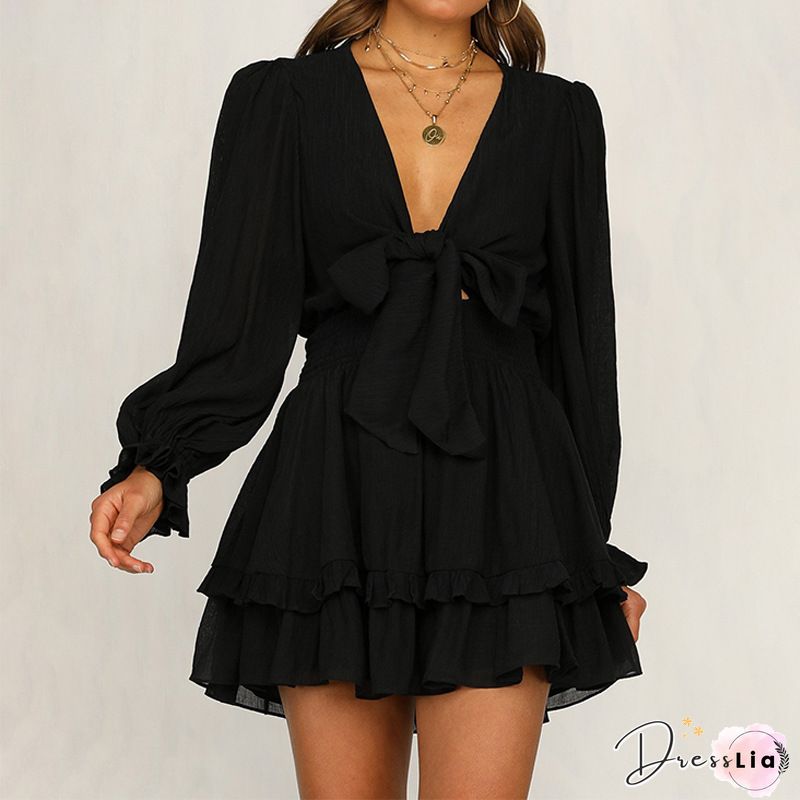 Deep V-Neck Backless Ruffled Mini Dress