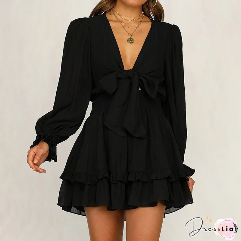 Deep V-Neck Backless Ruffled Mini Dress