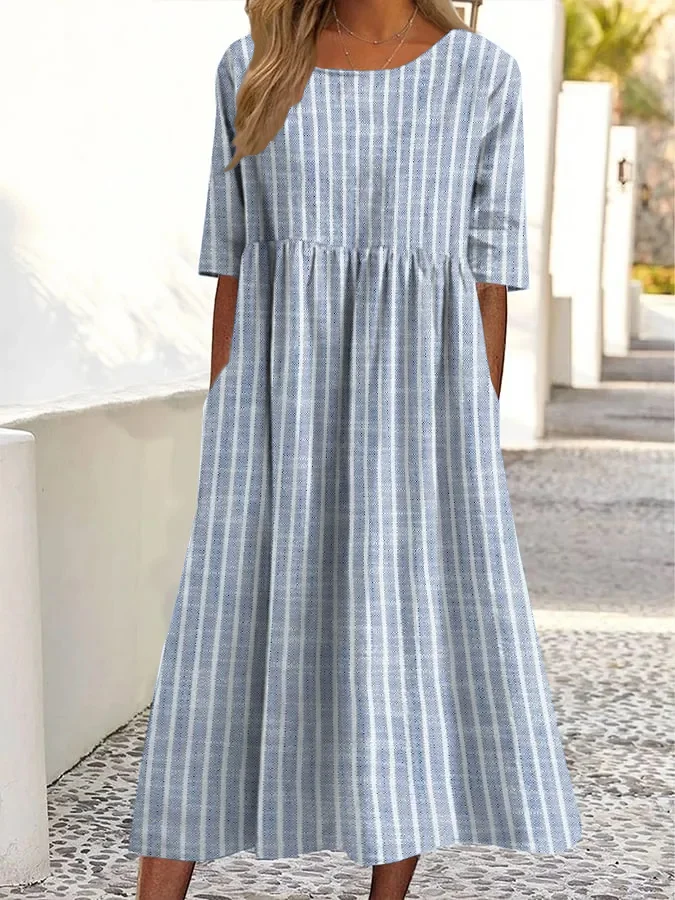 Vintage Stripe Print Round Neck Pocket Midi Dress