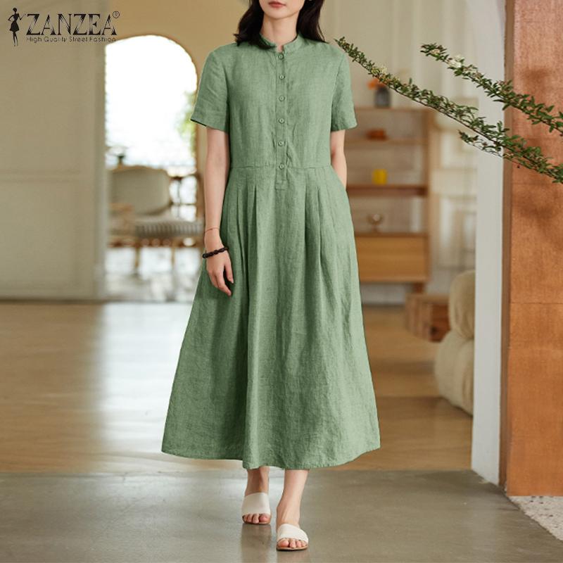 ZANZEA Chic Linen Shirt Dresses Casual Solid Long Maxi Dress Women Cotton 2024 Sundress New Arrival Summer Vintage Robes
