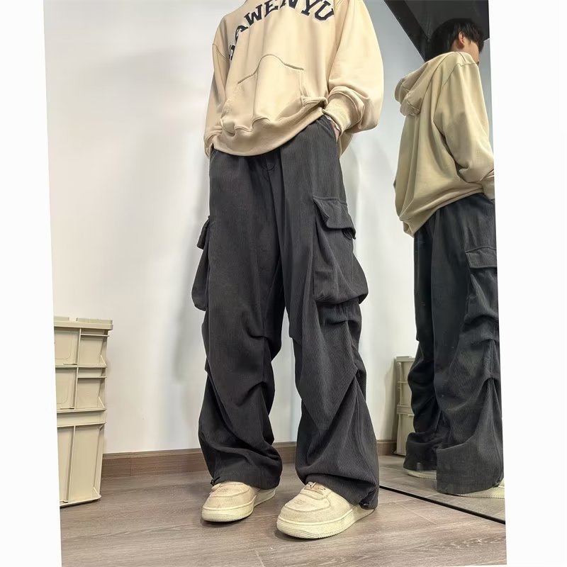 men streetwear fashion New Corduroy Workwear Umbrella Pants Men's Autumn and Winter Straight Casual Pants American Design Large Pocket Wide Leg Pants