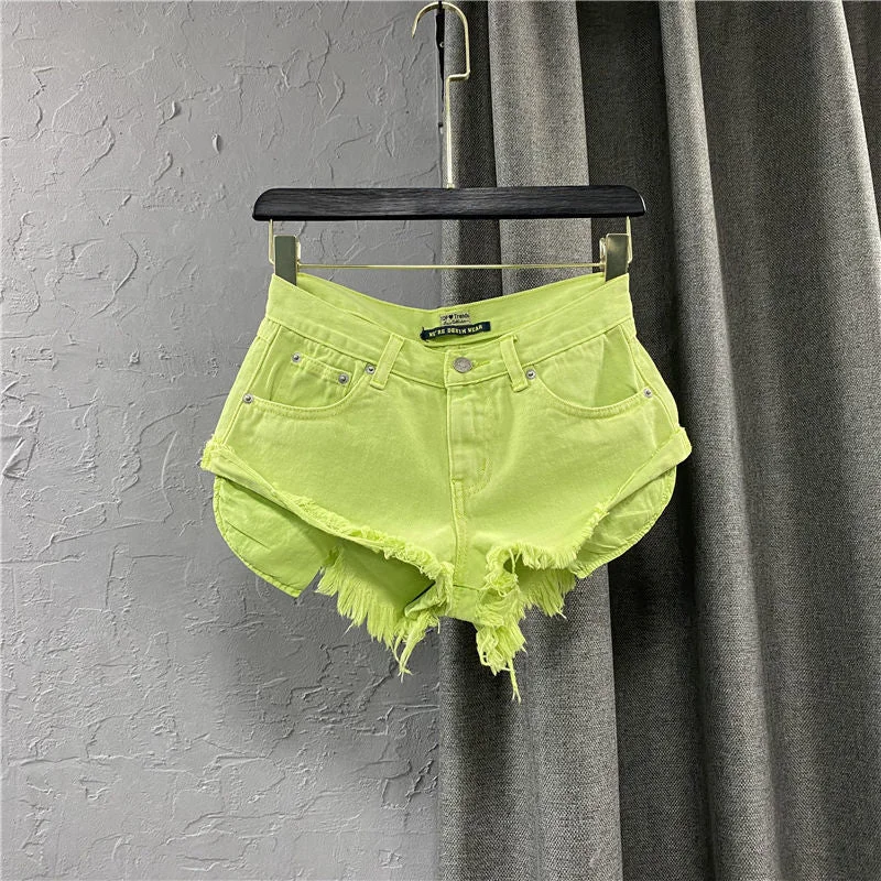 New Summer Women Fruit Green Denim Shorts Sexy Low-rise A-line Tassel Short Hot Pants Ladies Fashion Personality Pocket Pink