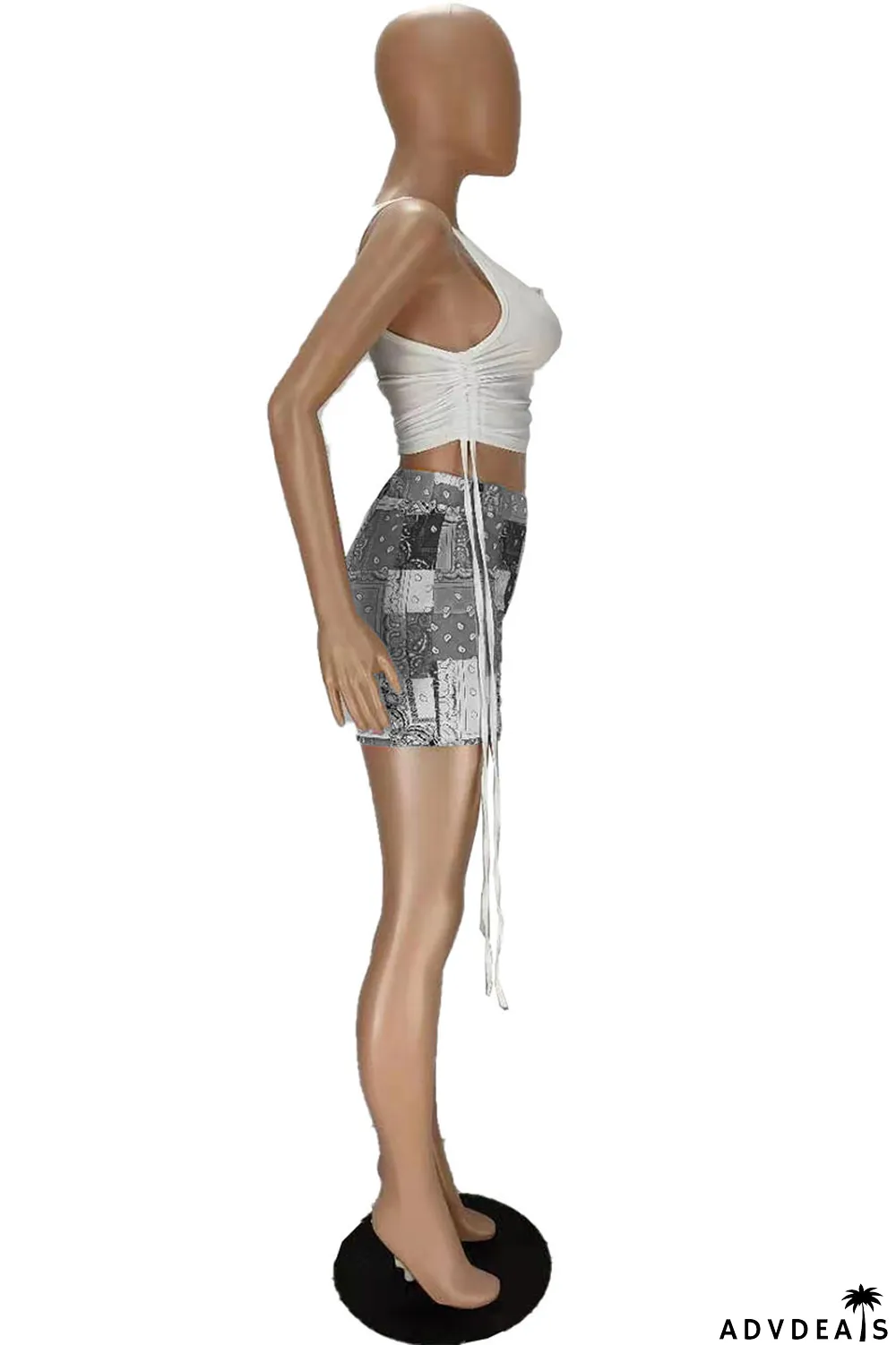 Grey Sexy Print Ripped Contrast Spaghetti Strap Sleeveless Two Pieces