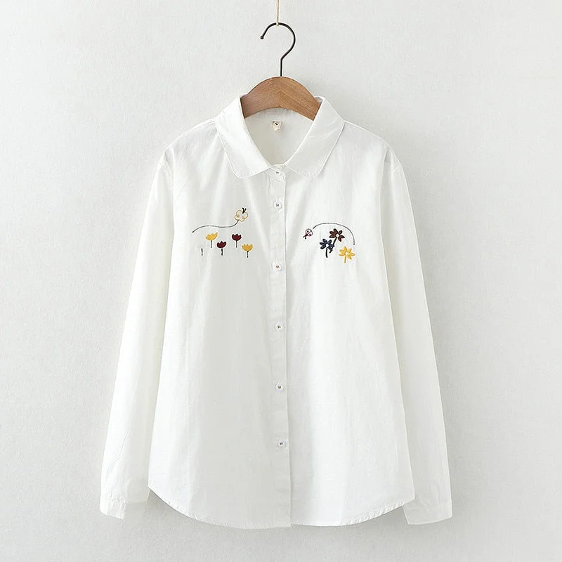Women Blouses Shirts Tunic Womens Tops 2020 Long Sleeve Clothing Button Up Down White Embroidery Flower Casual New Autumn Good