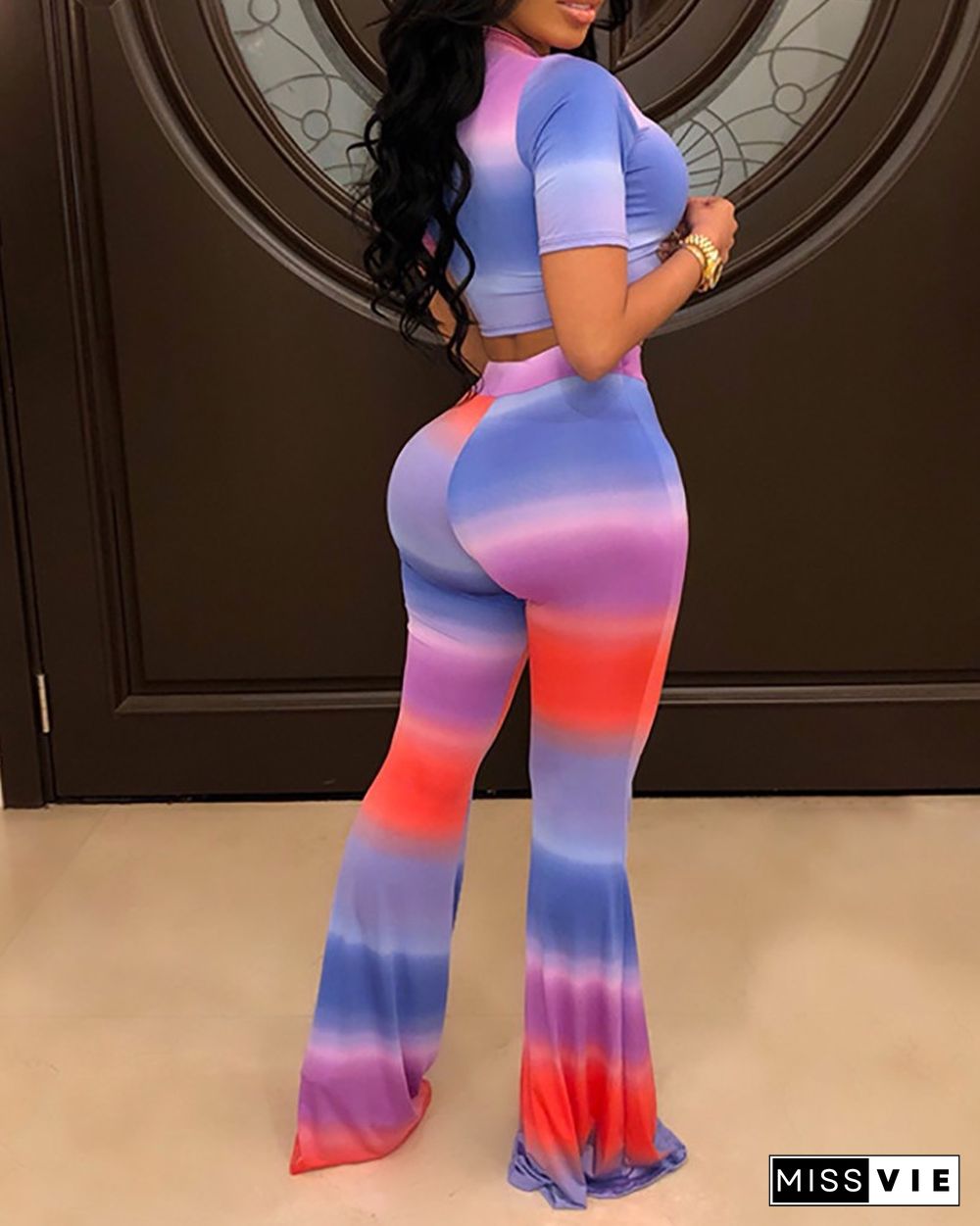 Colorblock Crop Top & Bootcut Pants Set