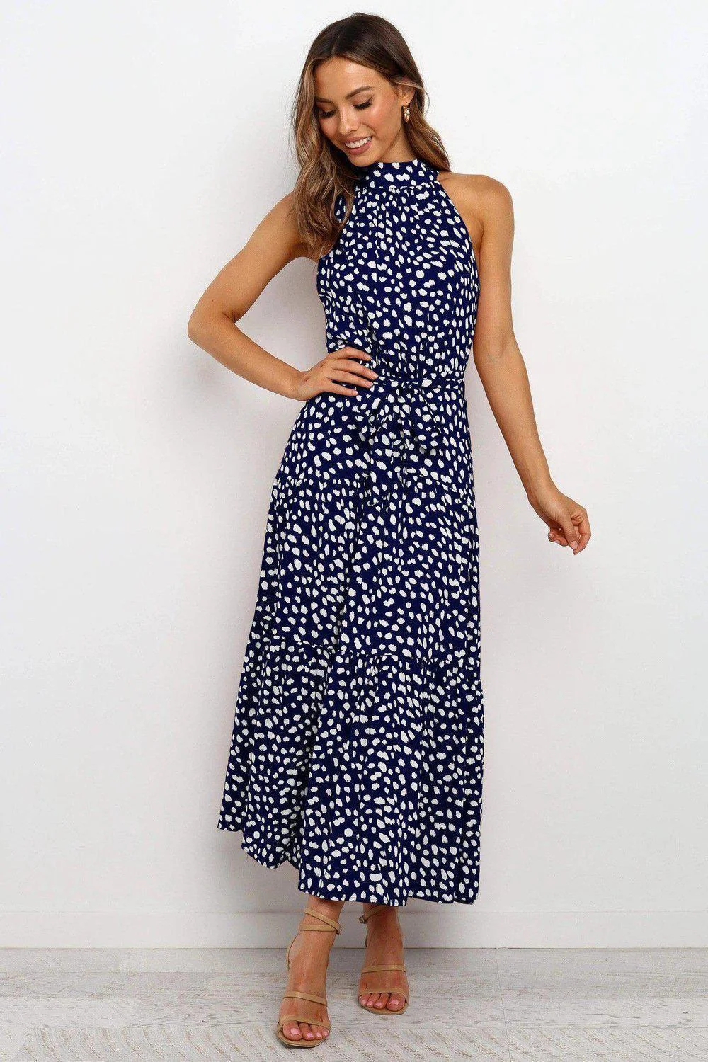 Vintage Printed Round Neck Sleeveless Slim Fit Maxi Dress