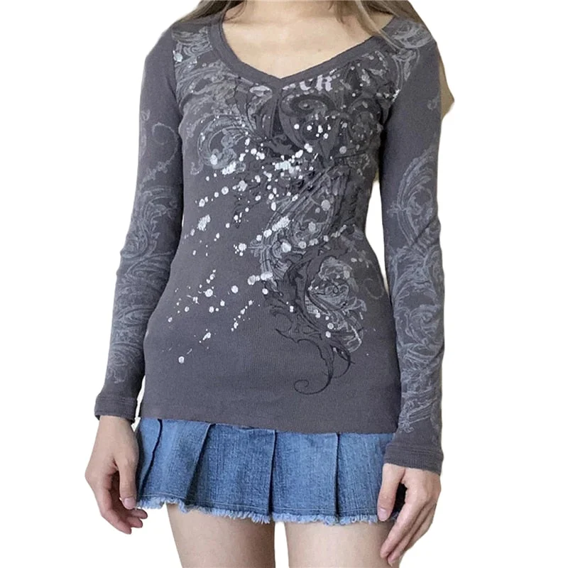 Xingqing Angel Wings Print Tops Fairy Grunge Graphic T Shirts Vintage Indie Aesthetic Clothes Cyber Y2k Slim Long Sleeve Top
